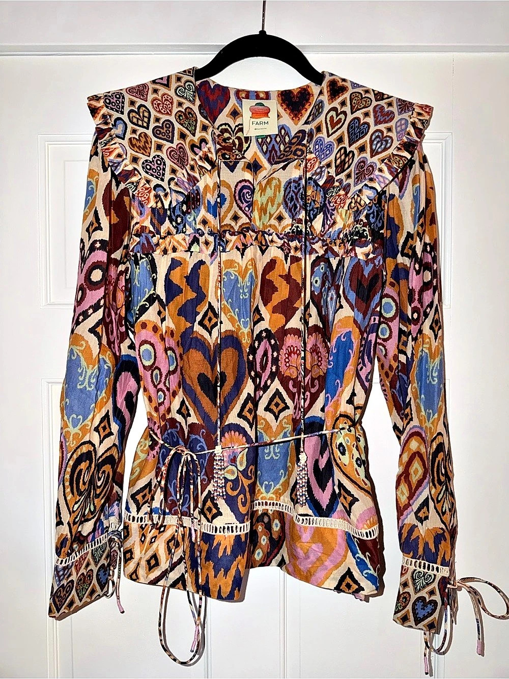 Farm Rio Hearts Ikat Cream Blouse, Multicolor, Medium